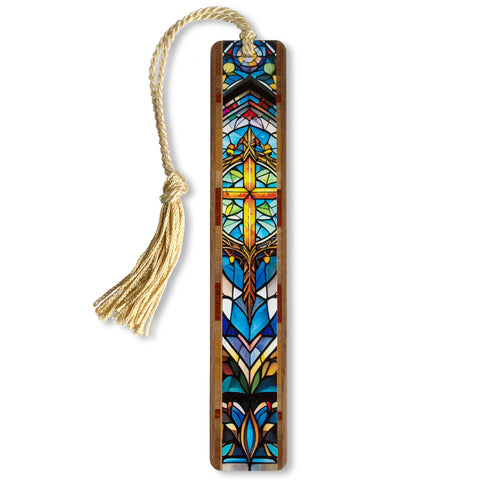 Gold Cross Stained Glass Handcrafted Wooden Bookmark with Tassel by Mitercraft - Made in USA