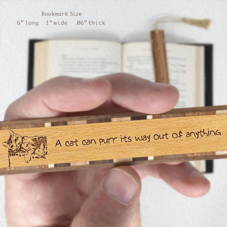 Cat Whimsical Purr Quote Handmade Engraved Wooden Bookmark - Made in the USA