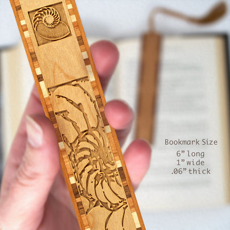 Nautilus Seashell Handmade Engraved Wooden Bookmark - Made in the USA