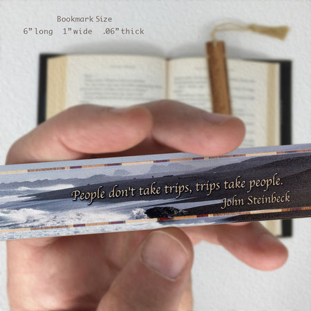 John Steinbeck Inspiring Travel Quote with Photograph of California Beach Scene on a Solid Maple Wood Bookmark with Tassel
