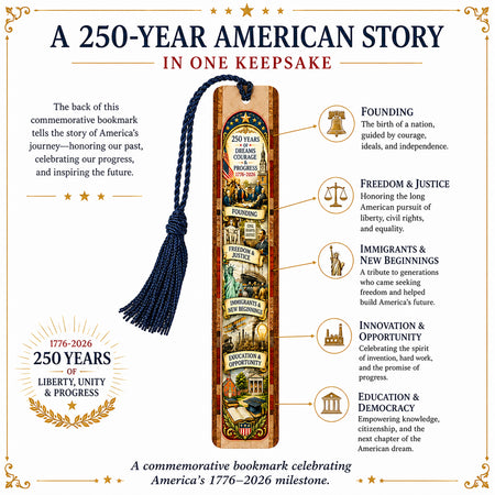 America 250 Years Wooden Bookmark | 1776-2026 American Heritage Commemorative | Double-Sided Patriotic Keepsake | Made in the USA