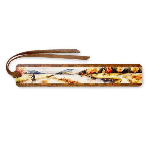 Cyclist By Lake - Bicyclist in Color Wooden Bookmark with Tassel