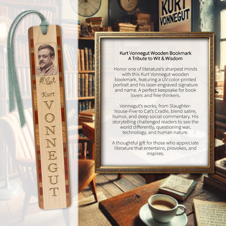 Kurt Vonnegut Engraved Wooden Bookmark with Green Suede Tassel