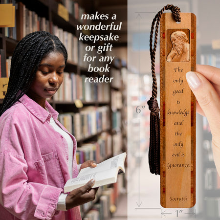 Socrates - Greek Philosopher Engraved Wooden Bookmark with Gold Rope Tassel