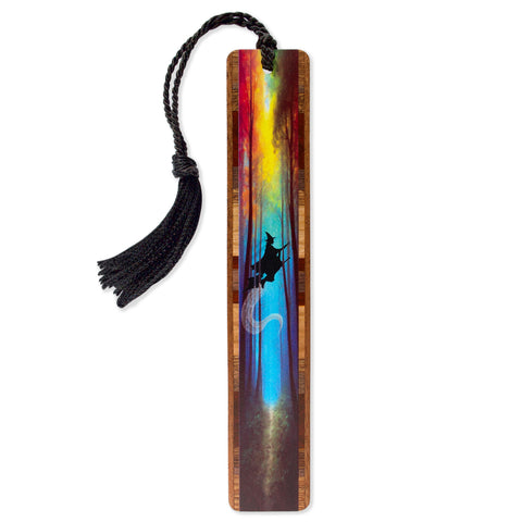 Witch on a Broom, Rainbow Sky Handmade Wooden Bookmark – Made in USA