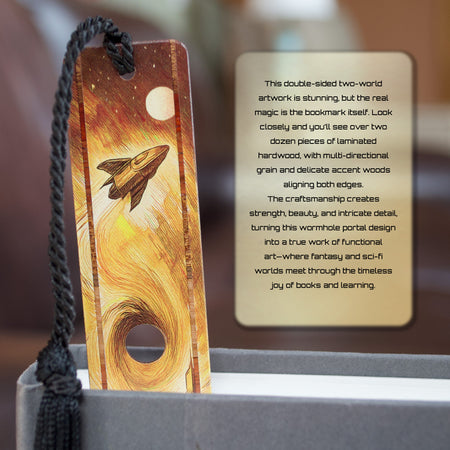 Sci-Fi Wooden Bookmark – Wormhole Portal Fantasy Dragons, Spaceships & Time Travel -  Double sided Design, Handmade in the USA