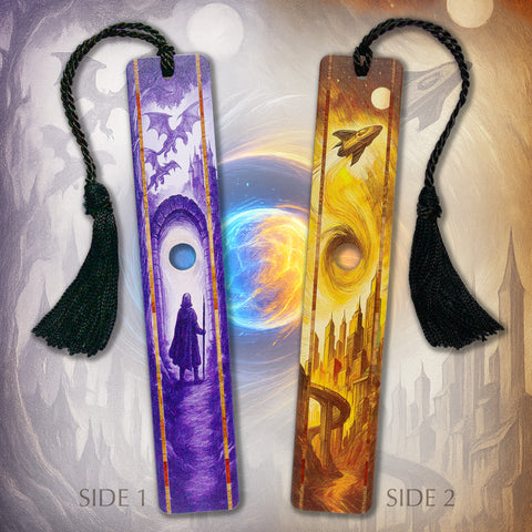 Sci-Fi Wooden Bookmark – Wormhole Portal Fantasy Dragons, Spaceships & Time Travel -  Double sided Design, Handmade in the USA