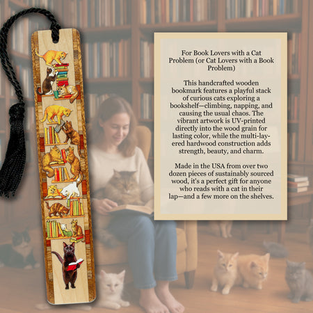 Cat Bookshelf Bookmark – Wooden Bookmark with Funny Cats and Books – Handcrafted Gift for Cat Lovers & Readers – Made in the USA