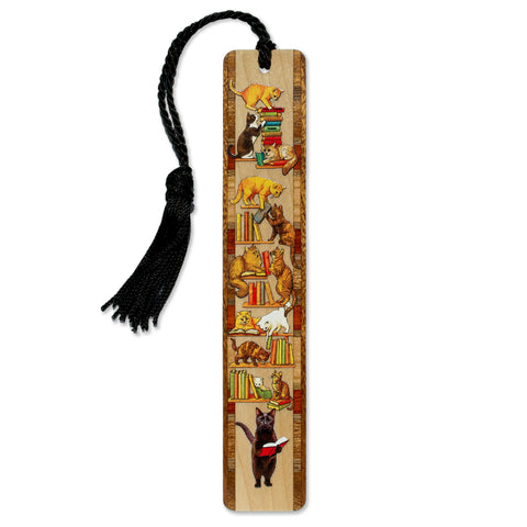 Cat Bookshelf Bookmark – Wooden Bookmark with Funny Cats and Books – Handcrafted Gift for Cat Lovers & Readers – Made in the USA