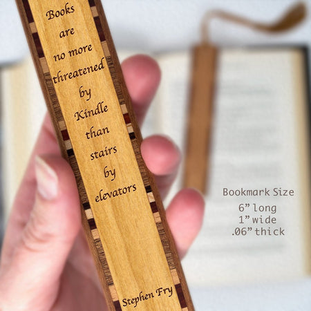 Books vs. Kindle Quote Engraved Wooden Bookmark on Cherry with Black Tassel
