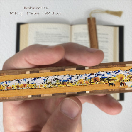 Horses Grazing with Mountains Engraved Color Wooden Bookmark with Tassel