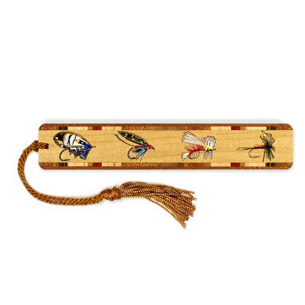 Fly Fishing Lures Engraved with added Color Handmade Wooden Bookmark