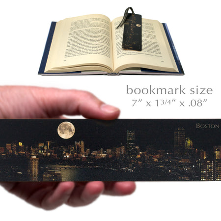 Boston Skyline Under Full Moon on Handmade Wooden Bookmark - Made in the USA