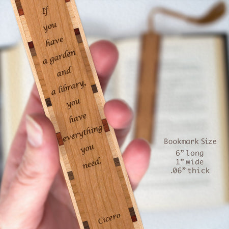 Cicero Quote A Library and Garden Handmade Engraved Wooden Bookmark - Made in the USA