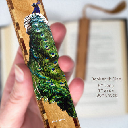 Peacock - Bird and Feather - Double Sided Wooden Bookmark with Tassel