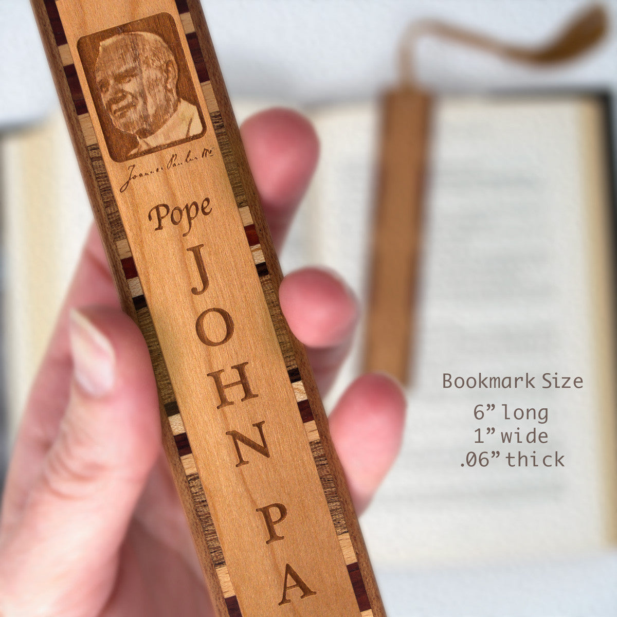Pope John Paul II Laser Engraved Wooden Bookmark with Brown Rope Tasse