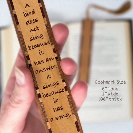 Chinese Proverb Quote - Bird Sings Engraved Wooden Bookmark with Tassel