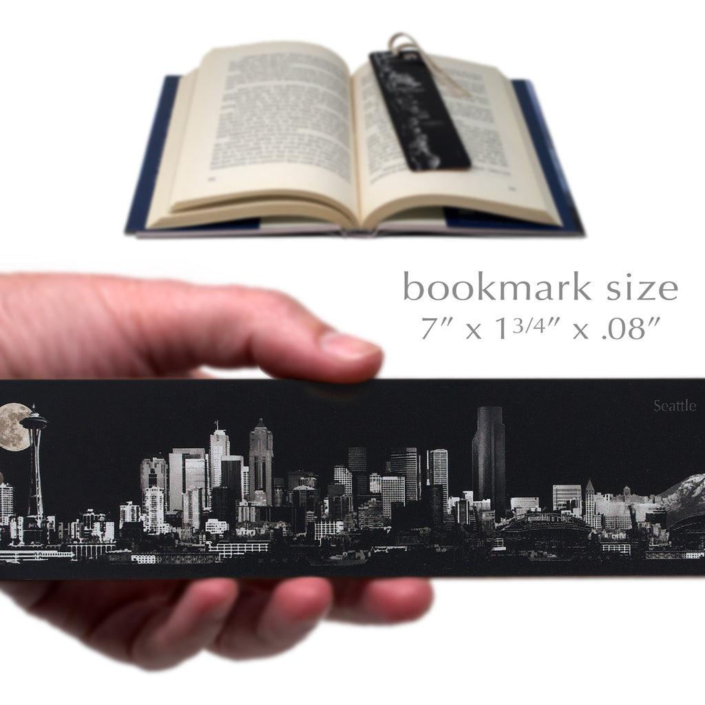 Washington Bookmarks Seattle Moonlit Downtown Skyline Handmade Wooden Bookmark - Made in th