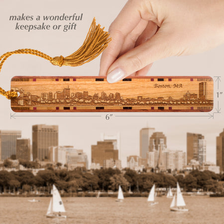 Boston Massachusetts Skyline Handmade Engraved Wooden Bookmark - Made in USA