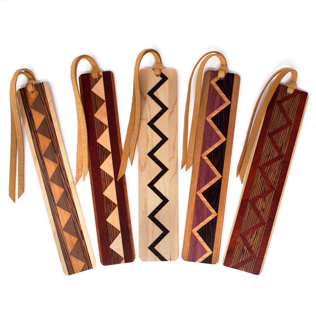 Set of Five Inlaid Wooden Bookmarks with Black Gift Pouches