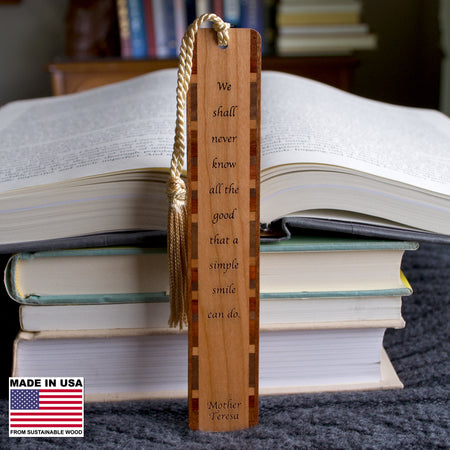 Mother Teresa Smile Quote Handmade Engraved Wooden Bookmark - Made in the USA