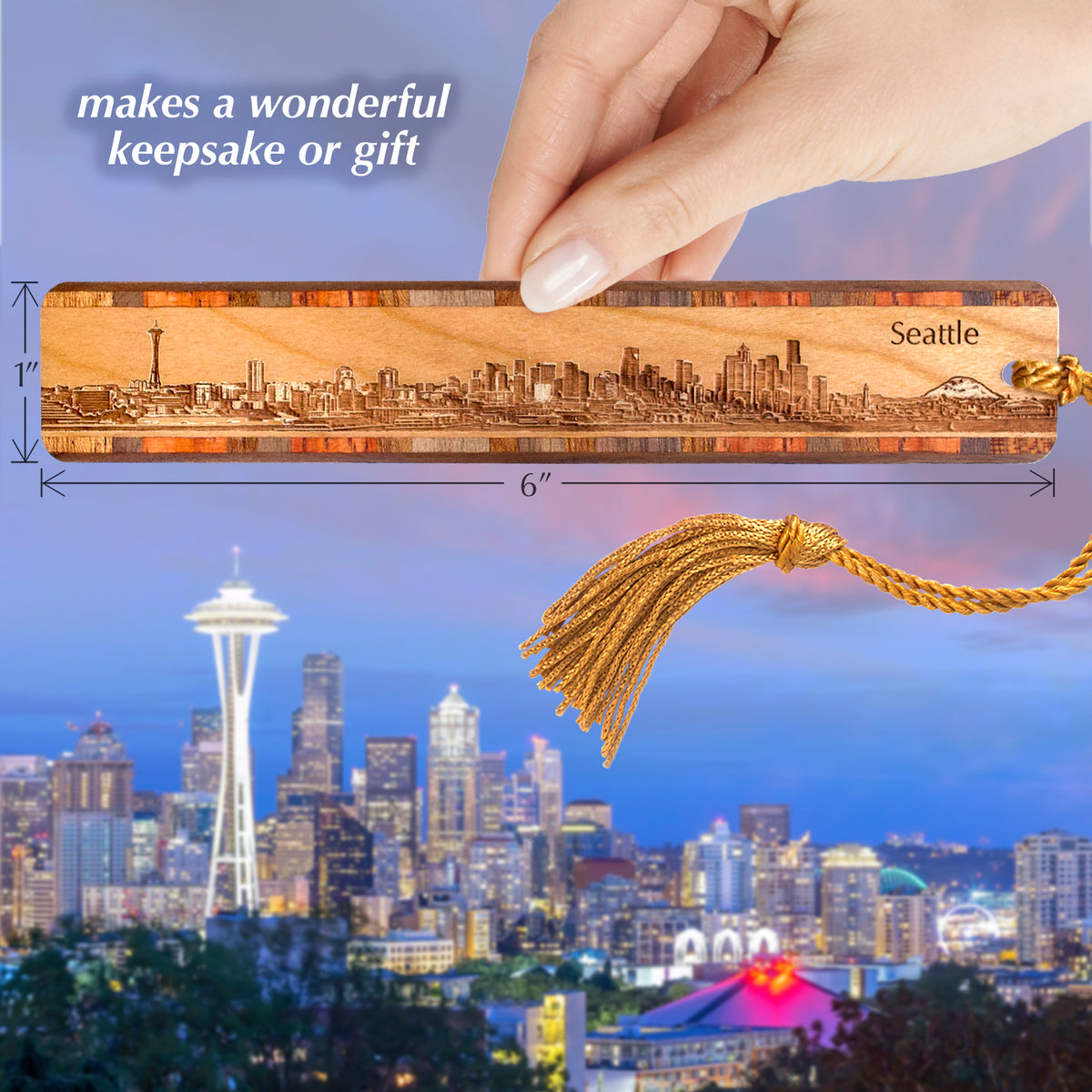 Washington Bookmarks Seattle Washington Downtown Skyline with Mt Rainier Handmade Engraved