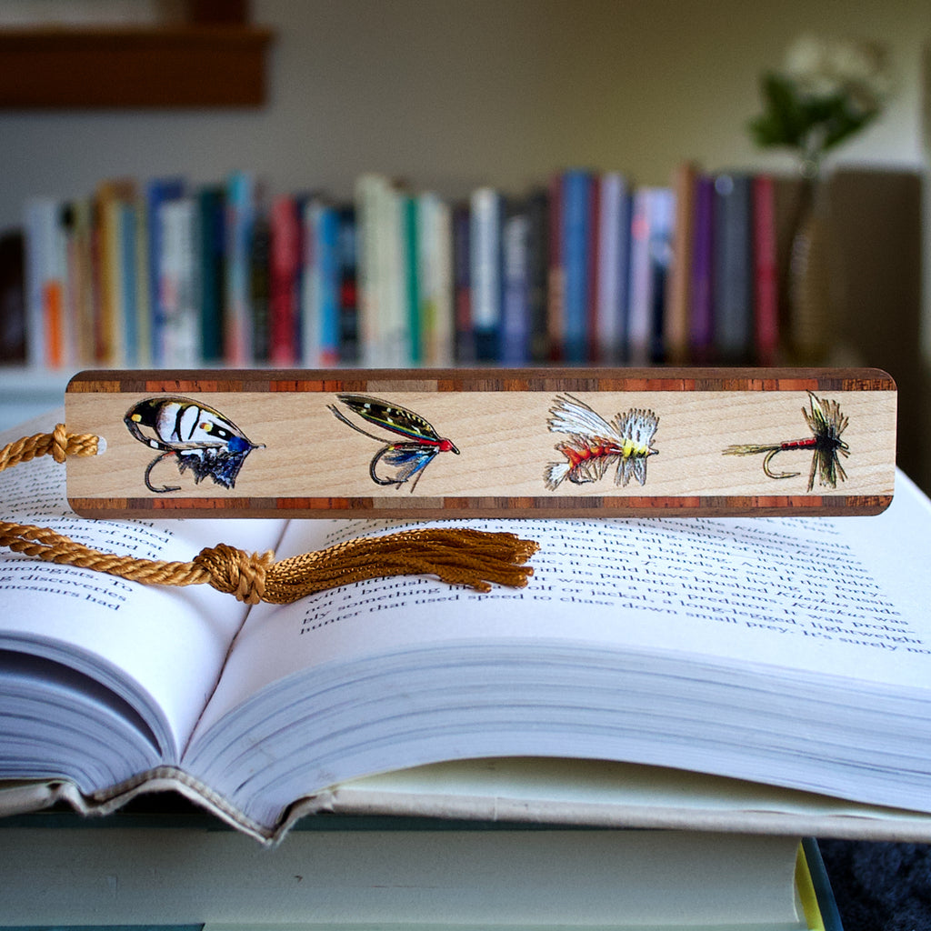 Fly Fishing Lures Engraved with added Color Handmade Wooden Bookmark