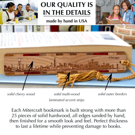 Chicago Illinois Skyline Handmade Engraved Wooden Bookmark - Made in the USA