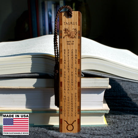 Taurus Zodiac Astrological Sign Handmade Engraved Wooden Bookmark - Made in the USA